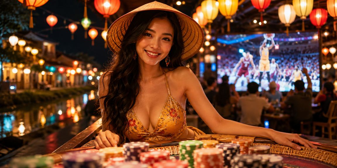 Người đội nón lá tại Hội An cầm điện thoại theo dõi kèo bóng rổ trực tuyến bên góc phố cổ